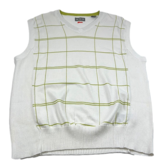 AUR Men's White Golf Sweater Vest with Green Grid Pattern - Picture 1 of 7